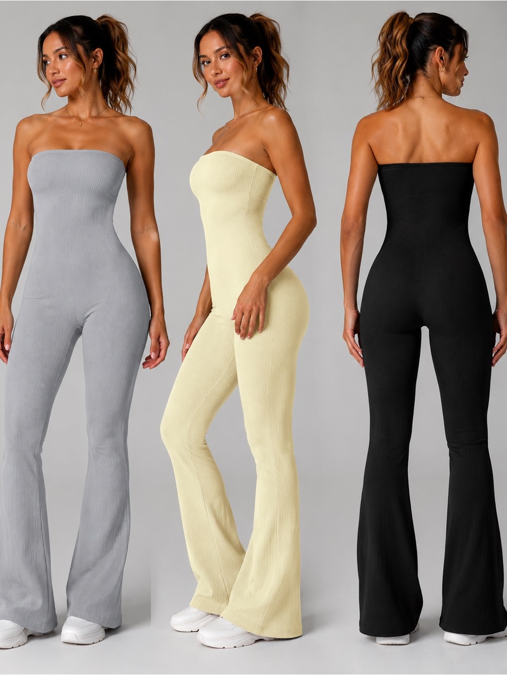 NWOT Set Of 3 Ribbed Strapless Flared Jumpsuit in Gray, Cream, and Black Large